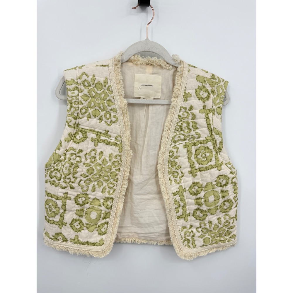 Anthropologie Quilted Embroidered Vest Women Size S Green Ivory Fringe Boho